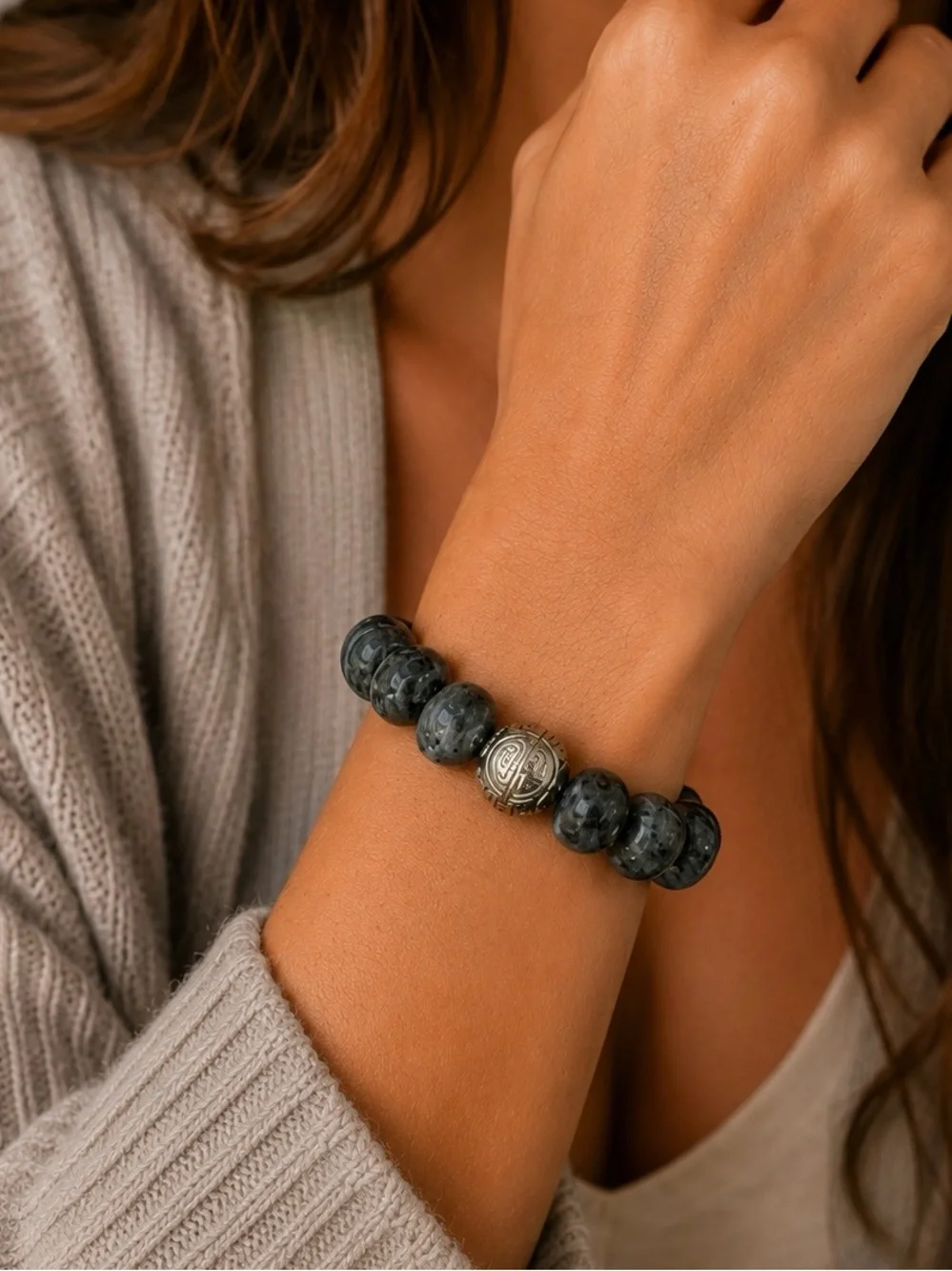 Vintage Gray Larvikite-Like Stone Stretch Bracelet Chunky Silver Tone Beaded